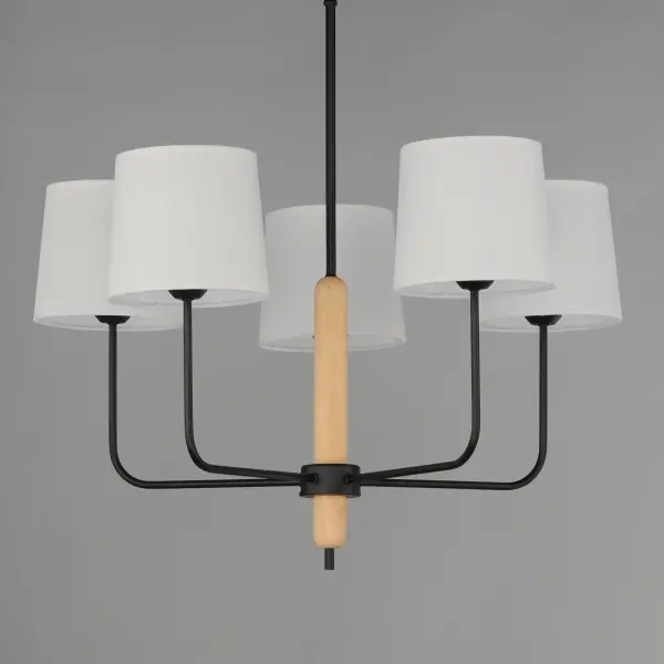 Natural White Oak wood details are featured plainly on a slim Matte Black metal frame. Oversized off-white linen shades cover sockets for a minimalist and natural look. Available in multiple configurations of chandelier and a wall sconce. - alternate view