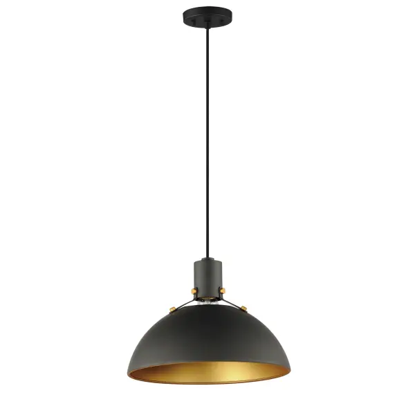 Sockets are suspended above a metal spun dome in your choice of Black or White with Gold accents or Satin Nickel with Black accents. A clean and simple approach to modern or transitional lighting, the opening allows light to shine through the opening atop while providing functional light below. This break in the two parts is supported with straps and decorative rivets in complimentary finishes for a subtlety tasteful two-tone finish. A coordinating pin-up wall sconce offers a bedside application to this design with integrated switch on its back plate and two feet of cord cover that can be removed and hardwired per your preference.