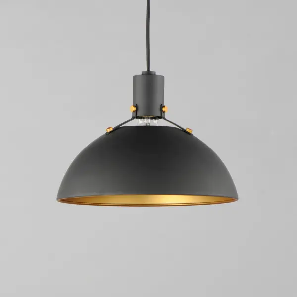 Sockets are suspended above a metal spun dome in your choice of Black or White with Gold accents or Satin Nickel with Black accents. A clean and simple approach to modern or transitional lighting, the opening allows light to shine through the opening atop while providing functional light below. This break in the two parts is supported with straps and decorative rivets in complimentary finishes for a subtlety tasteful two-tone finish. A coordinating pin-up wall sconce offers a bedside application to this design with integrated switch on its back plate and two feet of cord cover that can be removed and hardwired per your preference. - alternate view