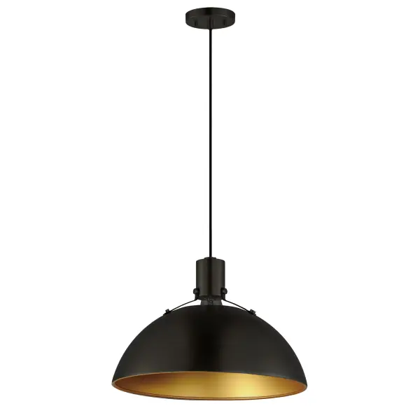 Sockets are suspended above a metal spun dome in your choice of Black or White with Gold accents or Satin Nickel with Black accents. A clean and simple approach to modern or transitional lighting, the opening allows light to shine through the opening atop while providing functional light below. This break in the two parts is supported with straps and decorative rivets in complimentary finishes for a subtlety tasteful two-tone finish. A coordinating pin-up wall sconce offers a bedside application to this design with integrated switch on its back plate and two feet of cord cover that can be removed and hardwired per your preference.