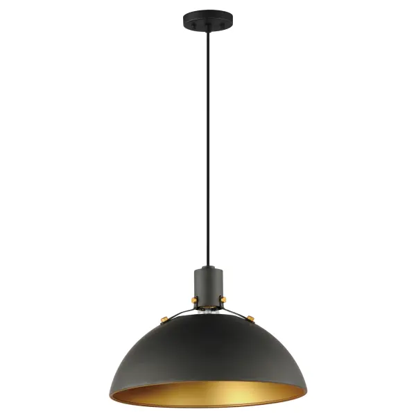 Sockets are suspended above a metal spun dome in your choice of Black or White with Gold accents or Satin Nickel with Black accents. A clean and simple approach to modern or transitional lighting, the opening allows light to shine through the opening atop while providing functional light below. This break in the two parts is supported with straps and decorative rivets in complimentary finishes for a subtlety tasteful two-tone finish. A coordinating pin-up wall sconce offers a bedside application to this design with integrated switch on its back plate and two feet of cord cover that can be removed and hardwired per your preference.