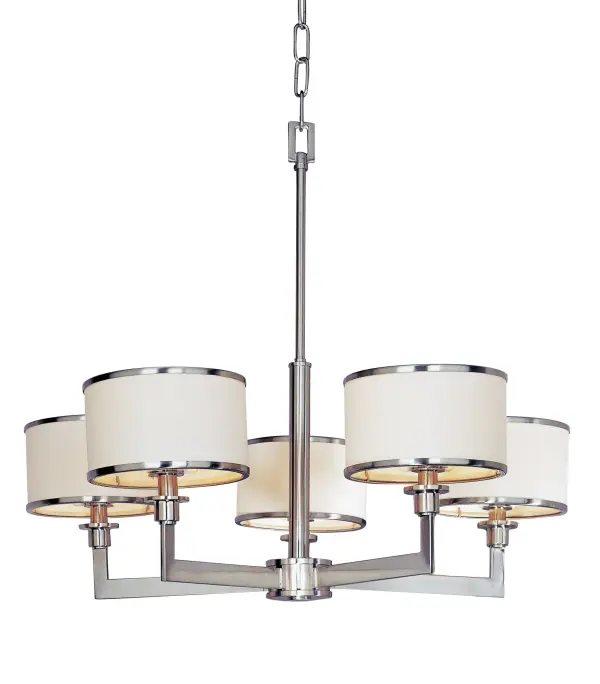 The Nexus collection is the true standard for contemporary lighting. The flat rectangular tube arm forms to a perfect angle and comes finished in choice of Satin Nickel or Oil Rubbed Bronze. The White fabric drum shade is trimmed with metal rings in matching finish for a clean, tailored look. Collection: Nexus Finish: Satin Nickel Glass: White Width: 27.75" Height: 22.75" Length: 27.25" Weight: 11.44 lb Chain: 36" Wire: 180" Canopy: 5.12"x1.13" Number of Bulbs: 5 Maximum Wattage: 60.00 W Bulb Type: B10 Bulb Base: E12 Candelabra Light Source: Incandescent Light Output: 3360.00 lm Dimmable Rated Average Life: 1500 Voltage: 120.00 V Material: Steel, Fabric Safety Listing: cETLus Safety Rating: Dry Manufacturer Warranty: 1 Spec Sheet Instructions Parts Diagram