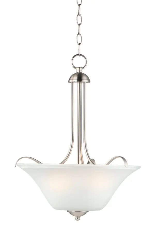 Gently waving arms of Satin Nickel or Oil Rubbed Bronze support tall-profile Frosted glass shades creating a scale normally not found in this category of lighting. The bath vanity may be installed up or down and also includes a Polished Chrome finish. Collection: Vital Finish: Satin Nickel Glass: Frosted Width: 16.50" Height: 21.00" Length: 16.50" Weight: 6.60 lb Chain: 36" Wire: 120" Canopy: 5"x5"x1" Number of Bulbs: 3 Maximum Wattage: 60.00 W Bulb Type: A19 Bulb Base: E26 Medium Light Source: Incandescent Dimmable Voltage: 120.00 V Material: Steel, Glass Safety Listing: cETLus Safety Rating: Dry Manufacturer Warranty: 1 Spec Sheet Instructions Parts Diagram