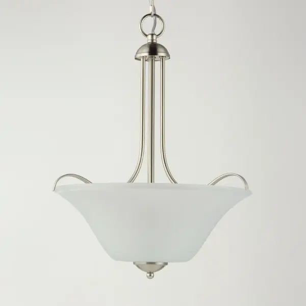 Gently waving arms of Satin Nickel or Oil Rubbed Bronze support tall-profile Frosted glass shades creating a scale normally not found in this category of lighting. The bath vanity may be installed up or down and also includes a Polished Chrome finish. Collection: Vital Finish: Satin Nickel Glass: Frosted Width: 16.50" Height: 21.00" Length: 16.50" Weight: 6.60 lb Chain: 36" Wire: 120" Canopy: 5"x5"x1" Number of Bulbs: 3 Maximum Wattage: 60.00 W Bulb Type: A19 Bulb Base: E26 Medium Light Source: Incandescent Dimmable Voltage: 120.00 V Material: Steel, Glass Safety Listing: cETLus Safety Rating: Dry Manufacturer Warranty: 1 Spec Sheet Instructions Parts Diagram - alternate view