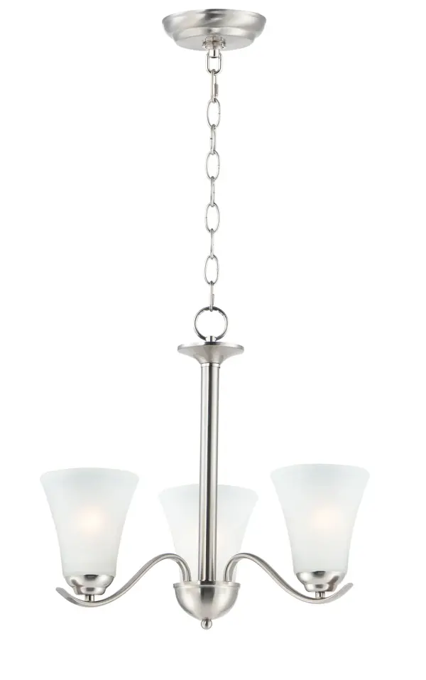 Gently waving arms of Satin Nickel or Oil Rubbed Bronze support tall-profile Frosted glass shades creating a scale normally not found in this category of lighting. The bath vanity may be installed up or down and also includes a Polished Chrome finish. Collection: Vital Finish: Satin Nickel Glass: Frosted Width: 20.00" Height: 18.00" Length: 20.00" Weight: 7.15 lb Chain: 36" Wire: 120" Canopy: 5"x5"x1" Number of Bulbs: 3 Maximum Wattage: 60.00 W Bulb Type: A19 Bulb Base: E26 Medium Light Source: Incandescent Dimmable Voltage: 120.00 V Material: Steel, Glass Safety Listing: cULus Safety Rating: Dry Manufacturer Warranty: 1 Spec Sheet Instructions Parts Diagram