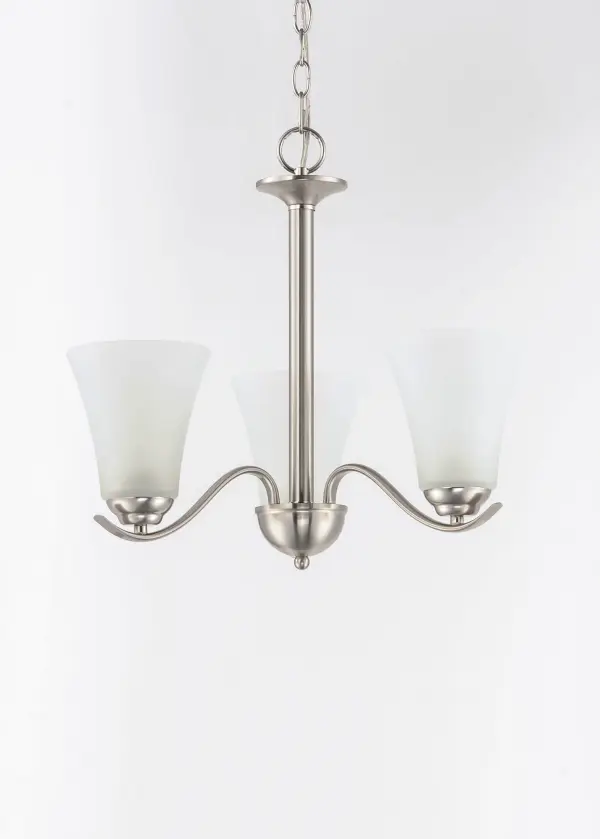 Gently waving arms of Satin Nickel or Oil Rubbed Bronze support tall-profile Frosted glass shades creating a scale normally not found in this category of lighting. The bath vanity may be installed up or down and also includes a Polished Chrome finish. Collection: Vital Finish: Satin Nickel Glass: Frosted Width: 20.00" Height: 18.00" Length: 20.00" Weight: 7.15 lb Chain: 36" Wire: 120" Canopy: 5"x5"x1" Number of Bulbs: 3 Maximum Wattage: 60.00 W Bulb Type: A19 Bulb Base: E26 Medium Light Source: Incandescent Dimmable Voltage: 120.00 V Material: Steel, Glass Safety Listing: cULus Safety Rating: Dry Manufacturer Warranty: 1 Spec Sheet Instructions Parts Diagram - alternate view