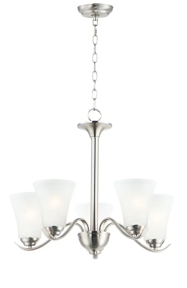 Gently waving arms of Satin Nickel or Oil Rubbed Bronze support tall-profile Frosted glass shades creating a scale normally not found in this category of lighting. The bath vanity may be installed up or down and also includes a Polished Chrome finish. Collection: Vital Finish: Satin Nickel Glass: Frosted Width: 23.00" Height: 20.00" Length: 23.00" Weight: 10.56 lb Chain: 36" Wire: 120" Canopy: 5"x5"x1" Number of Bulbs: 5 Maximum Wattage: 60.00 W Bulb Type: A19 Bulb Base: E26 Medium Light Source: Incandescent Dimmable Voltage: 120.00 V Material: Steel, Glass Safety Listing: cULus Safety Rating: Dry Manufacturer Warranty: 1 Spec Sheet Instructions Parts Diagram