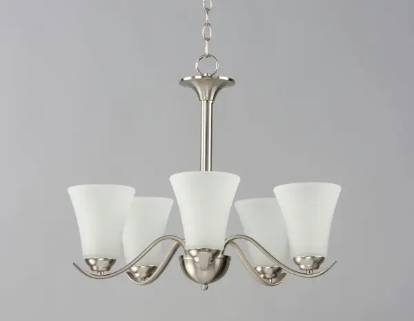 Gently waving arms of Satin Nickel or Oil Rubbed Bronze support tall-profile Frosted glass shades creating a scale normally not found in this category of lighting. The bath vanity may be installed up or down and also includes a Polished Chrome finish. Collection: Vital Finish: Satin Nickel Glass: Frosted Width: 23.00" Height: 20.00" Length: 23.00" Weight: 10.56 lb Chain: 36" Wire: 120" Canopy: 5"x5"x1" Number of Bulbs: 5 Maximum Wattage: 60.00 W Bulb Type: A19 Bulb Base: E26 Medium Light Source: Incandescent Dimmable Voltage: 120.00 V Material: Steel, Glass Safety Listing: cULus Safety Rating: Dry Manufacturer Warranty: 1 Spec Sheet Instructions Parts Diagram - alternate view
