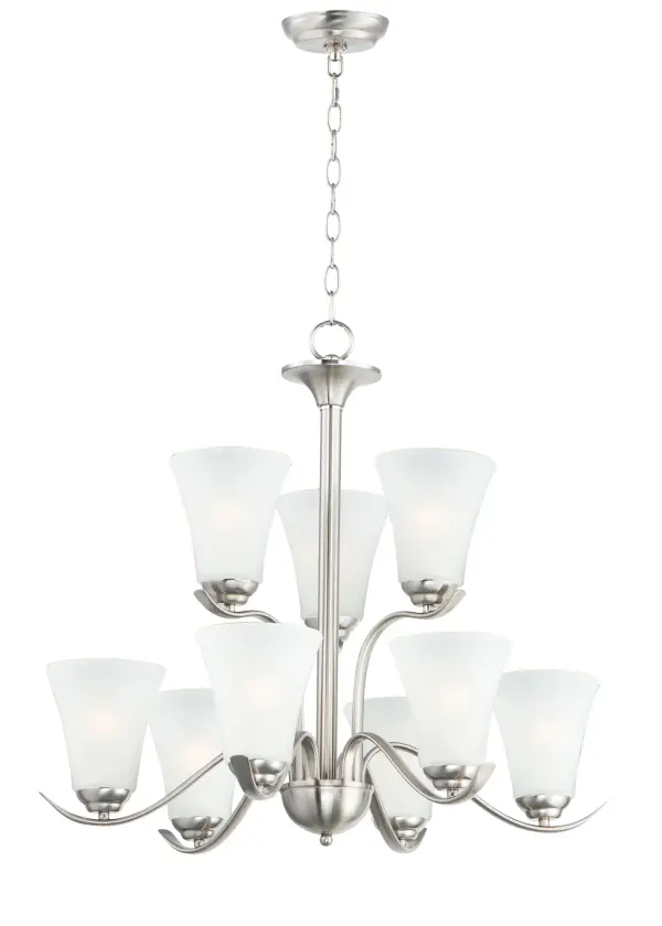 Gently waving arms of Satin Nickel or Oil Rubbed Bronze support tall-profile Frosted glass shades creating a scale normally not found in this category of lighting. The bath vanity may be installed up or down and also includes a Polished Chrome finish. Collection: Vital Finish: Satin Nickel Glass: Frosted Width: 26.00" Height: 25.00" Length: 26.00" Weight: 13.70 lb Chain: 72" Wire: 180" Canopy: 5"x5"x1" Number of Bulbs: 9 Maximum Wattage: 60.00 W Bulb Type: A19 Bulb Base: E26 Medium Light Source: Incandescent Dimmable Voltage: 120.00 V Material: Steel, Glass Safety Listing: cULus Safety Rating: Dry Manufacturer Warranty: 1 Spec Sheet Instructions Parts Diagram
