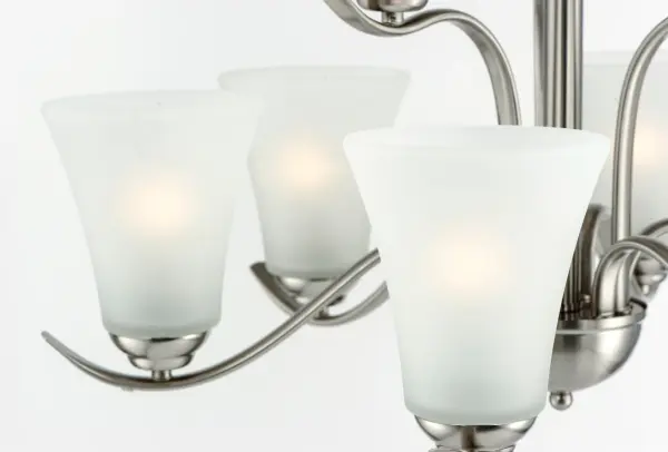 Gently waving arms of Satin Nickel or Oil Rubbed Bronze support tall-profile Frosted glass shades creating a scale normally not found in this category of lighting. The bath vanity may be installed up or down and also includes a Polished Chrome finish. Collection: Vital Finish: Satin Nickel Glass: Frosted Width: 26.00" Height: 25.00" Length: 26.00" Weight: 13.70 lb Chain: 72" Wire: 180" Canopy: 5"x5"x1" Number of Bulbs: 9 Maximum Wattage: 60.00 W Bulb Type: A19 Bulb Base: E26 Medium Light Source: Incandescent Dimmable Voltage: 120.00 V Material: Steel, Glass Safety Listing: cULus Safety Rating: Dry Manufacturer Warranty: 1 Spec Sheet Instructions Parts Diagram - alternate view