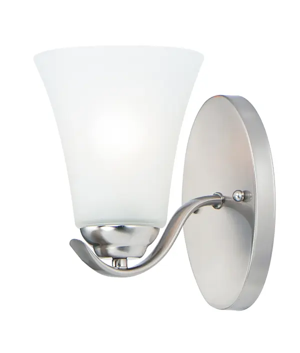 Gently waving arms of Satin Nickel or Oil Rubbed Bronze support tall-profile Frosted glass shades creating a scale normally not found in this category of lighting. The bath vanity may be installed up or down and also includes a Polished Chrome finish. Collection: Vital Finish: Satin Nickel Glass: Frosted Width: 5.50" Height: 8.50" Length: 7.50" Weight: 1.94 lb Extension from Wall: 7.50" Wire: 10" Canopy: 4.25"x7" Number of Bulbs: 1 Maximum Wattage: 60.00 W Bulb Type: A19 Bulb Base: E26 Medium Light Source: Incandescent Dimmable Voltage: 120.00 V Material: Steel, Glass Safety Listing: cULus Safety Rating: Damp Manufacturer Warranty: 1 Spec Sheet Instructions Parts Diagram