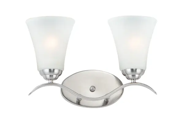 Gently waving arms of Satin Nickel or Oil Rubbed Bronze support tall-profile Frosted glass shades creating a scale normally not found in this category of lighting. The bath vanity may be installed up or down and also includes a Polished Chrome finish. Collection: Vital Finish: Satin Nickel Glass: Frosted Width: 14.50" Height: 9.50" Length: 6.50" Weight: 5.50 lb Extension from Wall: 6.50" Wire: 10" Canopy: 4.25"x7" Number of Bulbs: 2 Maximum Wattage: 60.00 W Bulb Type: A19 Bulb Base: E26 Medium Light Source: Incandescent Dimmable Voltage: 120.00 V Material: Steel, Glass Safety Listing: cULus Safety Rating: Damp Manufacturer Warranty: 1 Spec Sheet Instructions Parts Diagram
