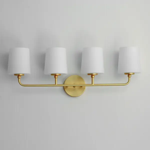Understated elegance and convenience in its design, the simple curved arms of the Bristol collection outstretch in elongated proportions that terminate at a tapered Satin White glass shade. Designed to emulate a traditional fabric shade, the material being glass adds the element of easy maintenance and allows for upward and downward facing light installations. The single tiered wider diameters on the chandeliers also offer an upscale country living addition to the collection. Available in various finishes of Satin Nickel, Satin Brass, or black tones including a textured Anthracite finish on the chandeliers and sconces. Collection: Bristol Finish: Satin Brass Glass: Satin White Width: 28.50" Height: 10.00" Weight: 4.75 lb Extension from Wall: 6.00" Canopy: 4.75"x4.75" Number of Bulbs: 4 Maximum Wattage: 60.00 W Bulb Type: A19 Bulb Base: E26 Medium Light Source: Incandescent Voltage: 120.00 V Material: Steel, Glass Safety Rating: Damp Spec Sheet Instructions - alternate view