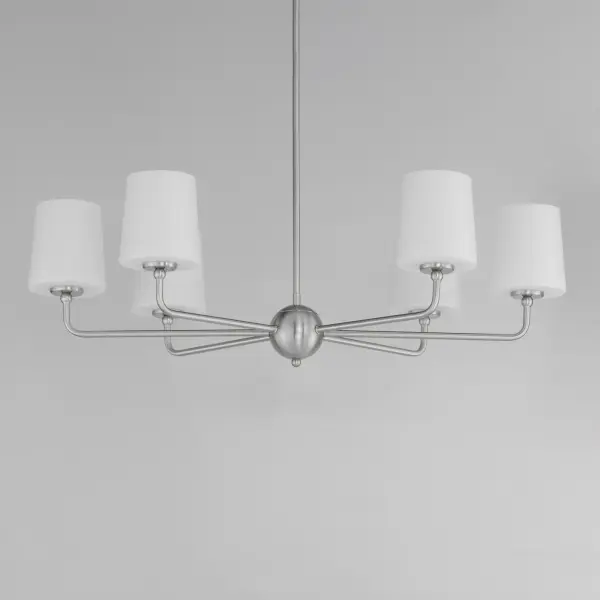 Understated elegance and convenience in its design, the simple curved arms of the Bristol collection outstretch in elongated proportions that terminate at a tapered Satin White glass shade. Designed to emulate a traditional fabric shade, the material being glass adds the element of easy maintenance and allows for upward and downward facing light installations. The single tiered wider diameters on the chandeliers also offer an upscale country living addition to the collection. Available in various finishes of Satin Nickel, Satin Brass, or black tones including a textured Anthracite finish on the chandeliers and sconces. - alternate view