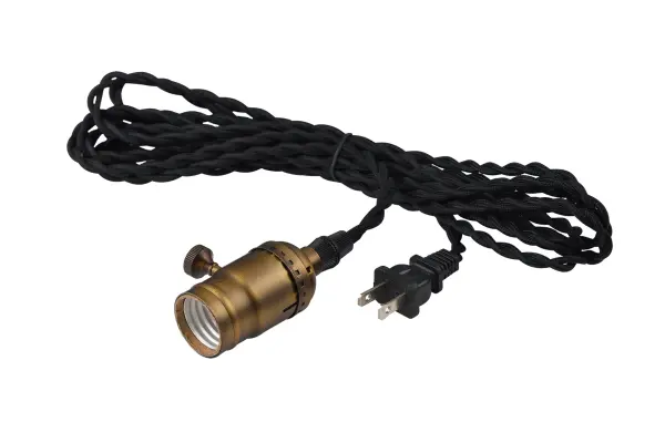 Cords of Black fabric support metal sockets finished in a natural Antique Brass allow you to create unique and fun lighting. All except the single pendant are supplied with hangers that attach to the ceiling to allow you to swag each socket. There are a number of optional bulbs to choose from.