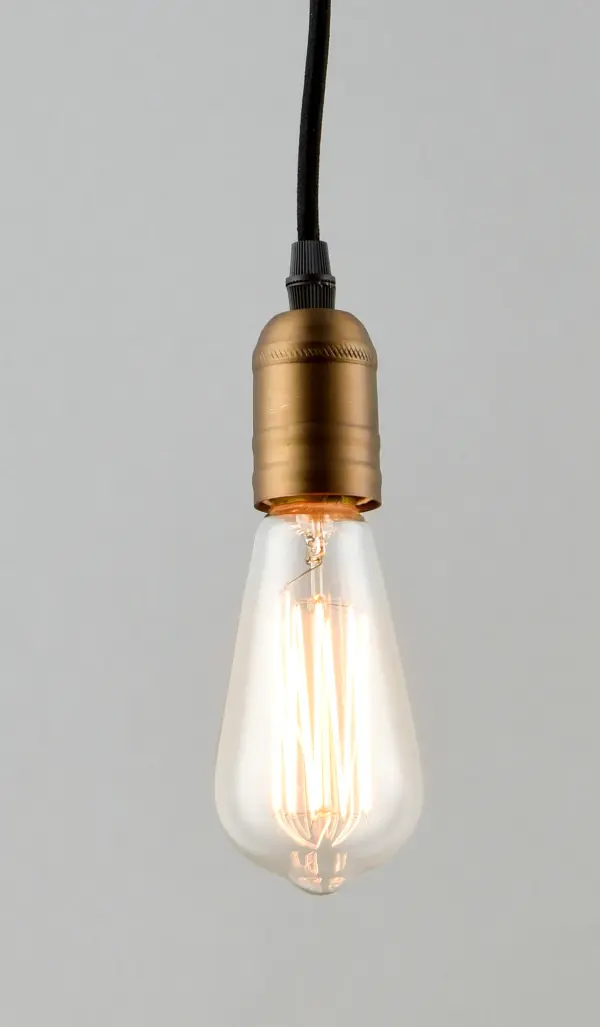 Cords of Black fabric support metal sockets finished in a natural Antique Brass allow you to create unique and fun lighting. All except the single pendant are supplied with hangers that attach to the ceiling to allow you to swag each socket. There are a number of optional bulbs to choose from. - alternate view