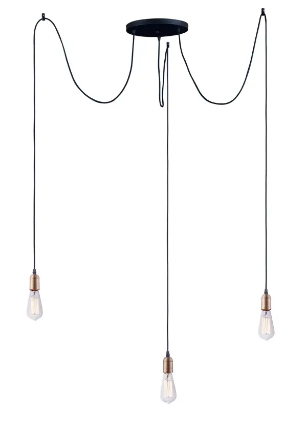 Cords of Black fabric support metal sockets finished in a natural Antique Brass allow you to create unique and fun lighting. All except the single pendant are supplied with hangers that attach to the ceiling to allow you to swag each socket. There are a number of optional bulbs to choose from.
