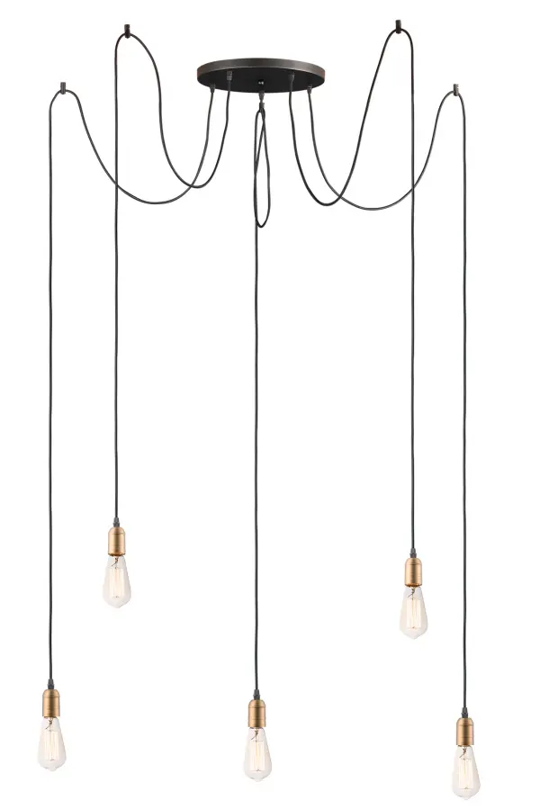 Cords of Black fabric support metal sockets finished in a natural Antique Brass allow you to create unique and fun lighting. All except the single pendant are supplied with hangers that attach to the ceiling to allow you to swag each socket. There are a number of optional bulbs to choose from.