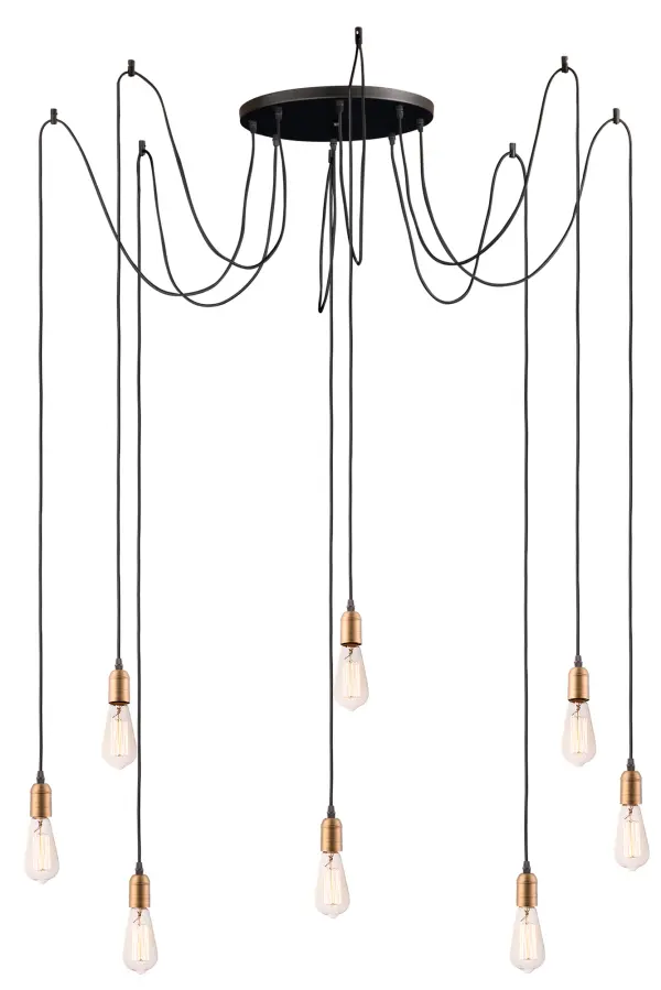 Cords of Black fabric support metal sockets finished in a natural Antique Brass allow you to create unique and fun lighting. All except the single pendant are supplied with hangers that attach to the ceiling to allow you to swag each socket. There are a number of optional bulbs to choose from.