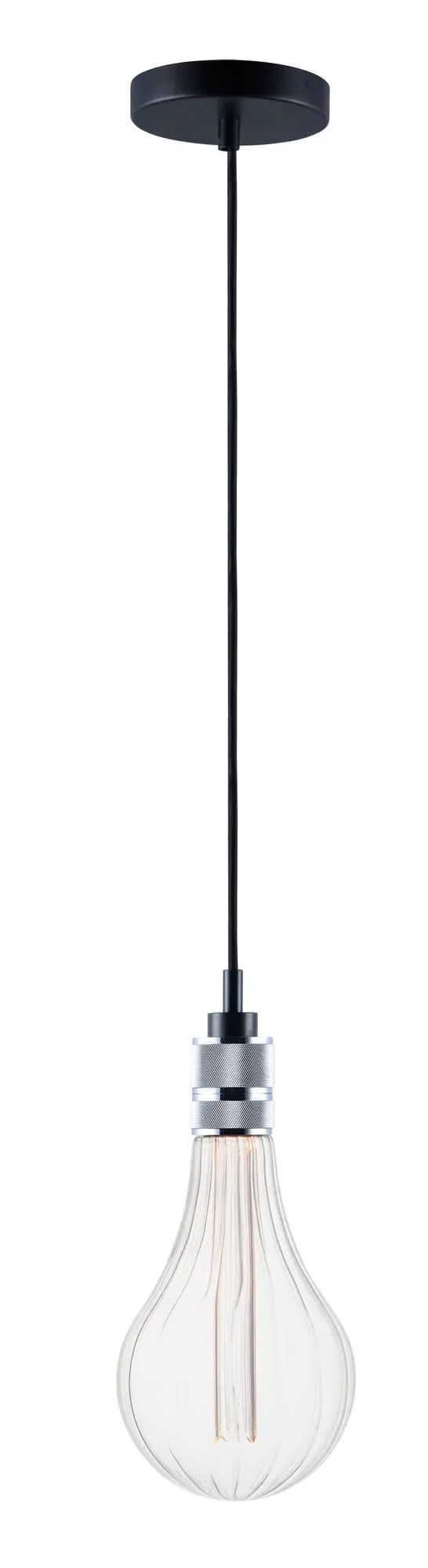 As basic as it gets. A cast socket finished in Polished Chrome is mounted at the end of a black fabric cord. All but the single pendant is supplied with connectors to attach to the ceiling wich allows for customer configuration. Choose from our assortment of decorative bulbs or add the optional metal shade to complete the look.