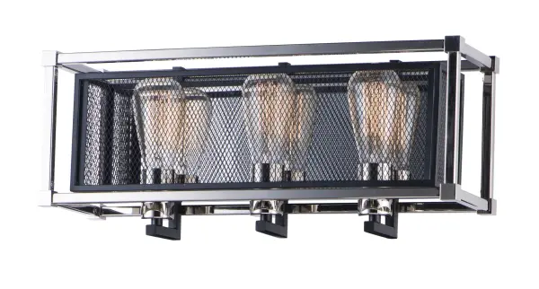 Industrial meets contemporary in this striking collection. Metal mesh finished in a matte Black gives amazing contrast to the Polished Nickel frame. This refined design gives that element of uniqueness to any room decor.