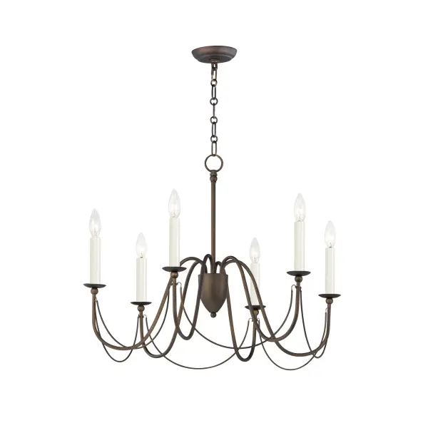 Sweeping metal accents links create classic curves on a minimalist chandelier. Available in hand-rubbed Chestnut Bronze or elegant Gold Leaf finishes. Add crystal accents to elevate the design for a more extravagant glamour. The design manages to evoke French Country charm and enchants any room it illuminates.