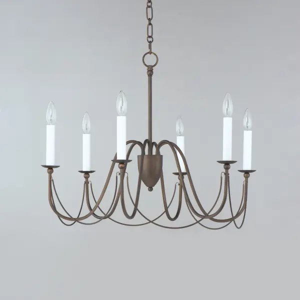 Sweeping metal accents links create classic curves on a minimalist chandelier. Available in hand-rubbed Chestnut Bronze or elegant Gold Leaf finishes. Add crystal accents to elevate the design for a more extravagant glamour. The design manages to evoke French Country charm and enchants any room it illuminates. - alternate view