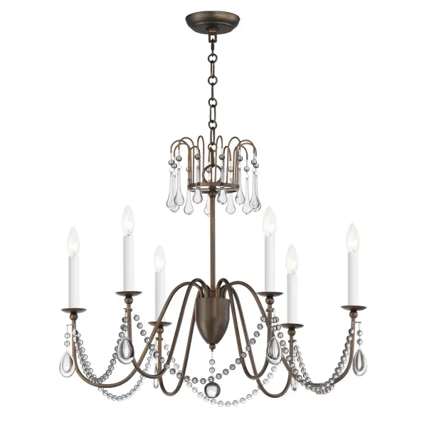 Sweeping metal accents links create classic curves on a minimalist chandelier. Available in hand-rubbed Chestnut Bronze or elegant Gold Leaf finishes. Add crystal accents to elevate the design for a more extravagant glamour. The design manages to evoke French Country charm and enchants any room it illuminates.