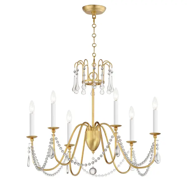 Sweeping metal accents links create classic curves on a minimalist chandelier. Available in hand-rubbed Chestnut Bronze or elegant Gold Leaf finishes. Add crystal accents to elevate the design for a more extravagant glamour. The design manages to evoke French Country charm and enchants any room it illuminates.