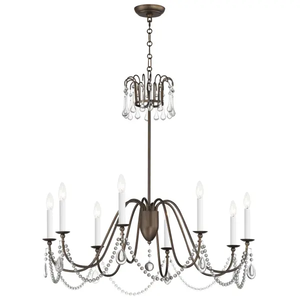 Sweeping metal accents links create classic curves on a minimalist chandelier. Available in hand-rubbed Chestnut Bronze or elegant Gold Leaf finishes. Add crystal accents to elevate the design for a more extravagant glamour. The design manages to evoke French Country charm and enchants any room it illuminates.