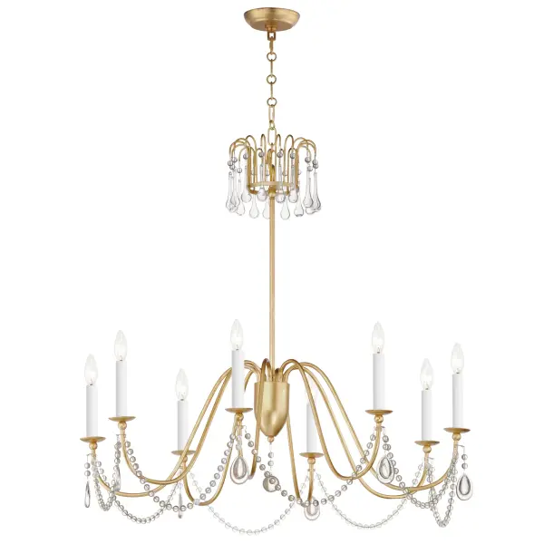 Sweeping metal accents links create classic curves on a minimalist chandelier. Available in hand-rubbed Chestnut Bronze or elegant Gold Leaf finishes. Add crystal accents to elevate the design for a more extravagant glamour. The design manages to evoke French Country charm and enchants any room it illuminates.
