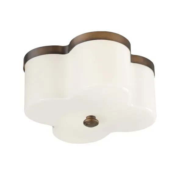 Honoring the traditional scalloped shade design in a range of materials, flush mounts are available in your choice of fabric, metal, or glass shades. The fabric shade features an Off-White linen fabric and is accented with Aged Brass metalwork. In the glass iteration, opal white glass features glossy elegant appeal with metal accents in Natural Aged Brass or Dark Bronze. The final iteration of metal shades has a white glass diffuser and metalwork finished in Polished Nickel or Natural Aged Brass. Collection: Clover Finish: Antique Bronze Glass: White Width: 13.50" Height: 6.75" Weight: 8.80 lb Wire: 8" Canopy: 13.5"x1" Number of Bulbs: 2 Maximum Wattage: 60.00 W Bulb Type: A19 Bulb Base: E26 Medium Light Source: Incandescent Dimmable Voltage: 120.00 V Material: Steel, Glass Safety Listing: cULus Safety Rating: Damp Manufacturer Warranty: 3 Spec Sheet Instructions