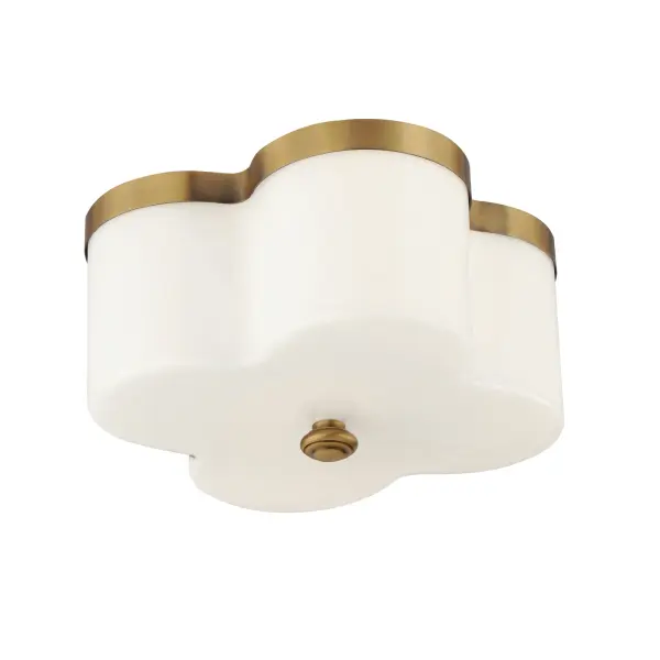 Honoring the traditional scalloped shade design in a range of materials, flush mounts are available in your choice of fabric, metal, or glass shades. The fabric shade features an Off-White linen fabric and is accented with Aged Brass metalwork. In the glass iteration, opal white glass features glossy elegant appeal with metal accents in Natural Aged Brass or Dark Bronze. The final iteration of metal shades has a white glass diffuser and metalwork finished in Polished Nickel or Natural Aged Brass. Collection: Clover Finish: Natural Aged Brass Glass: White Width: 13.50" Height: 6.75" Weight: 8.80 lb Wire: 8" Canopy: 13.5"x1" Number of Bulbs: 2 Maximum Wattage: 60.00 W Bulb Type: A19 Bulb Base: E26 Medium Light Source: Incandescent Dimmable Voltage: 120.00 V Material: Steel, Glass Safety Listing: cULus Safety Rating: Damp Manufacturer Warranty: 3 Spec Sheet Instructions