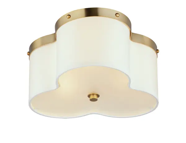 Honoring the traditional scalloped shade design in a range of materials, flush mounts are available in your choice of fabric, metal, or glass shades. The fabric shade features an Off-White linen fabric and is accented with Aged Brass metalwork. In the glass iteration, opal white glass features glossy elegant appeal with metal accents in Natural Aged Brass or Dark Bronze. The final iteration of metal shades has a white glass diffuser and metalwork finished in Polished Nickel or Natural Aged Brass. Collection: Clover Finish: Satin Brass Width: 14.00" Height: 6.25" Weight: 4.40 lb Wire: 12" Canopy: 8"x8"x0.5" Number of Bulbs: 3 Maximum Wattage: 60.00 W Bulb Type: A19 Bulb Base: E26 Medium Light Source: Incandescent Dimmable Voltage: 120.00 V Material: Steel+Fabric Safety Listing: cETLus Manufacturer Warranty: 1 Spec Sheet Instructions