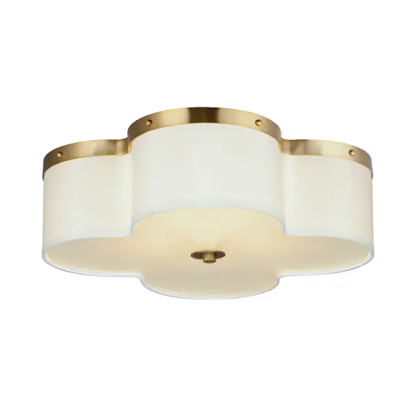 Honoring the traditional scalloped shade design in a range of materials, flush mounts are available in your choice of fabric, metal, or glass shades. The fabric shade features an Off-White linen fabric and is accented with Aged Brass metalwork. In the glass iteration, opal white glass features glossy elegant appeal with metal accents in Natural Aged Brass or Dark Bronze. The final iteration of metal shades has a white glass diffuser and metalwork finished in Polished Nickel or Natural Aged Brass. Collection: Clover Finish: Satin Brass Width: 19.75" Height: 6.25" Weight: 4.63 lb Wire: 12" Canopy: 10"x10"x0.5" Number of Bulbs: 4 Maximum Wattage: 60.00 W Bulb Type: A19 Bulb Base: E26 Medium Light Source: Incandescent Dimmable Voltage: 120.00 V Material: Steel+Fabric Safety Listing: cETLus Manufacturer Warranty: 1 Spec Sheet Instructions