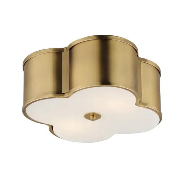 Honoring the traditional scalloped shade design in a range of materials, flush mounts are available in your choice of fabric, metal, or glass shades. The fabric shade features an Off-White linen fabric and is accented with Aged Brass metalwork. In the glass iteration, opal white glass features glossy elegant appeal with metal accents in Natural Aged Brass or Dark Bronze. The final iteration of metal shades has a white glass diffuser and metalwork finished in Polished Nickel or Natural Aged Brass. Collection: Clover Finish: Natural Aged Brass Glass: White Width: 14.00" Height: 6.25" Weight: 9.40 lb Wire: 8" Canopy: 7"x0.75" Number of Bulbs: 2 Maximum Wattage: 60.00 W Bulb Type: A19 Bulb Base: E26 Medium Light Source: Incandescent Dimmable Voltage: 120.00 V Material: Steel, Glass Safety Listing: cULus Safety Rating: Damp Manufacturer Warranty: 3 Spec Sheet Instructions