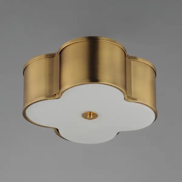Honoring the traditional scalloped shade design in a range of materials, flush mounts are available in your choice of fabric, metal, or glass shades. The fabric shade features an Off-White linen fabric and is accented with Aged Brass metalwork. In the glass iteration, opal white glass features glossy elegant appeal with metal accents in Natural Aged Brass or Dark Bronze. The final iteration of metal shades has a white glass diffuser and metalwork finished in Polished Nickel or Natural Aged Brass. - alternate view