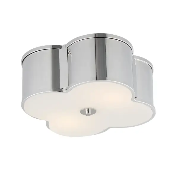 Honoring the traditional scalloped shade design in a range of materials, flush mounts are available in your choice of fabric, metal, or glass shades. The fabric shade features an Off-White linen fabric and is accented with Aged Brass metalwork. In the glass iteration, opal white glass features glossy elegant appeal with metal accents in Natural Aged Brass or Dark Bronze. The final iteration of metal shades has a white glass diffuser and metalwork finished in Polished Nickel or Natural Aged Brass. Collection: Clover Finish: Polished Nickel Glass: White Width: 14.00" Height: 6.25" Weight: 9.40 lb Wire: 8" Canopy: 7"x0.75" Number of Bulbs: 2 Maximum Wattage: 60.00 W Bulb Type: A19 Bulb Base: E26 Medium Light Source: Incandescent Dimmable Voltage: 120.00 V Material: Steel, Glass Safety Listing: cULus Safety Rating: Damp Manufacturer Warranty: 3 Spec Sheet Instructions
