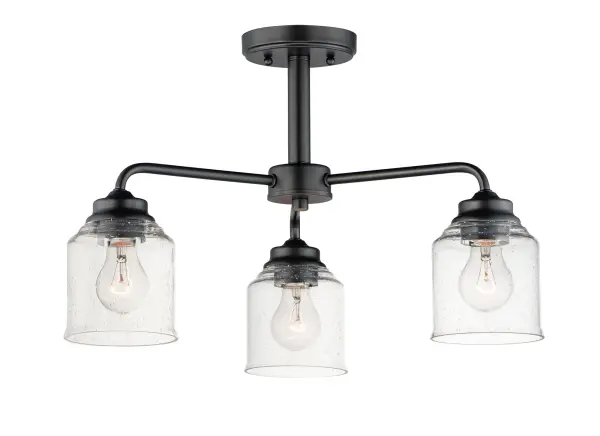 A modest frame of steel tubing gently bends to support a cluster of Clear Seedy bell-shaped glass. Similarly the bobeches and other metal accents echo that traditional bell shape creating an instant classic. An easy choice with transitional appeal, choose from a variety of complimentary finishes including matte Black, Heritage Brass or Satin Nickel.
