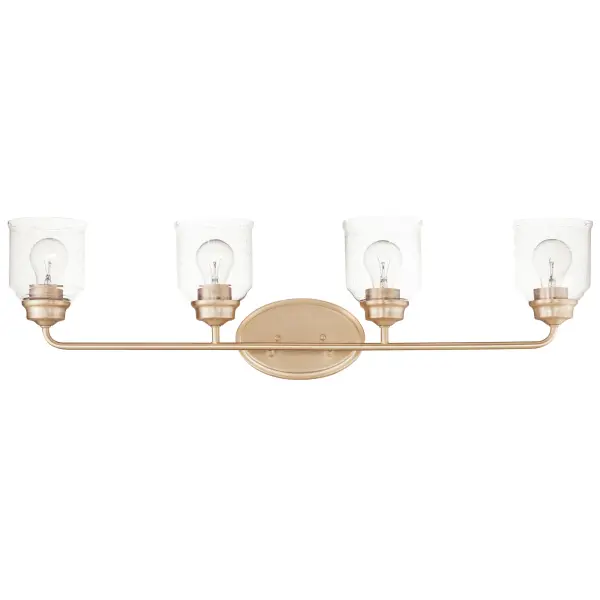 A modest frame of steel tubing gently bends to support a cluster of Clear Seedy bell-shaped glass. Similarly the bobeches and other metal accents echo that traditional bell shape creating an instant classic. An easy choice with transitional appeal, choose from a variety of complimentary finishes including matte Black, Heritage Brass or Satin Nickel. Collection: Acadia Finish: Heritage Glass: Seedy Width: 35.00" Height: 9.00" Weight: 4.72 lb Extension from Wall: 6.50" Wire: 8" Canopy: 5"x8" Number of Bulbs: 4 Maximum Wattage: 60.00 W Bulb Type: E26 Bulb Base: E26 Medium Light Source: Incandescent Dimmable Voltage: 120.00 V Material: Steel + Glass Safety Listing: cETLus Safety Rating: Damp Manufacturer Warranty: 1 Spec Sheet Instructions