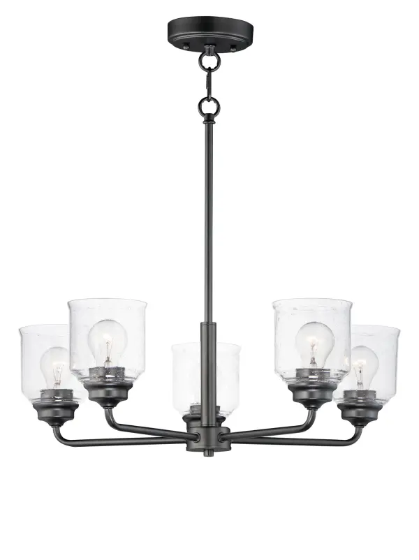 A modest frame of steel tubing gently bends to support a cluster of Clear Seedy bell-shaped glass. Similarly the bobeches and other metal accents echo that traditional bell shape creating an instant classic. An easy choice with transitional appeal, choose from a variety of complimentary finishes including matte Black, Heritage Brass or Satin Nickel.