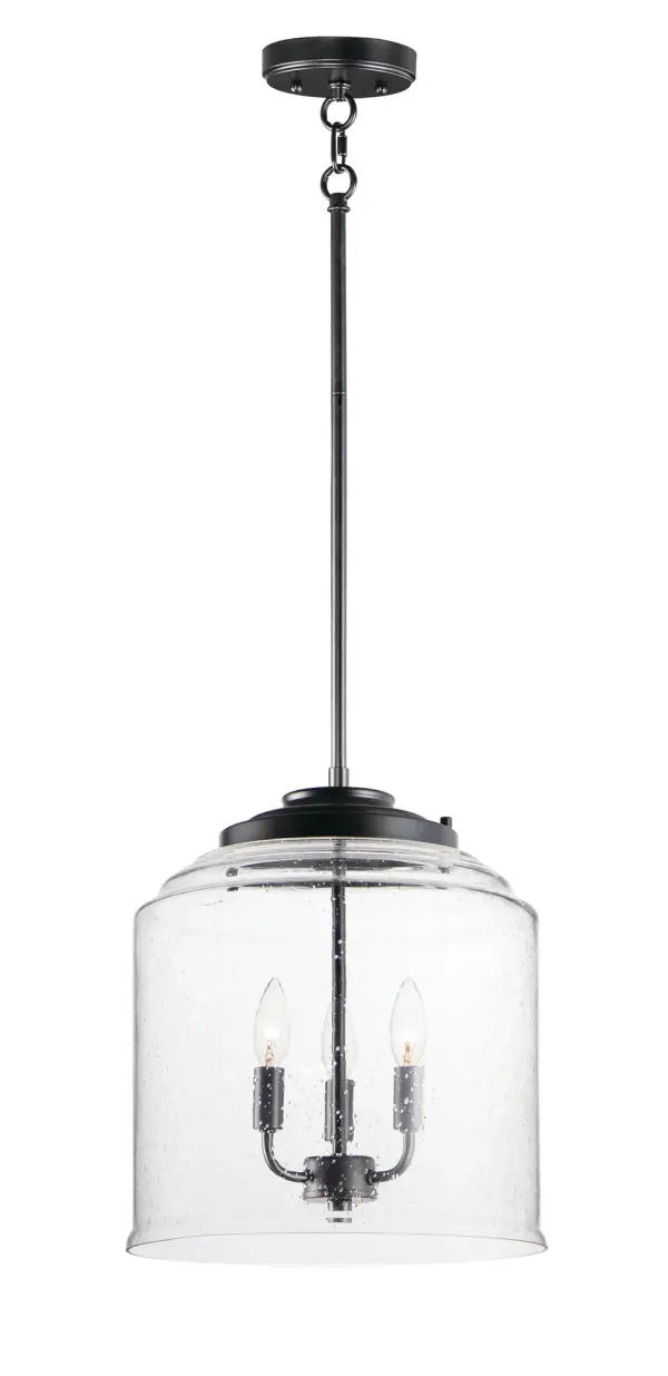 A modest frame of steel tubing gently bends to support a cluster of Clear Seedy bell-shaped glass. Similarly the bobeches and other metal accents echo that traditional bell shape creating an instant classic. An easy choice with transitional appeal, choose from a variety of complimentary finishes including matte Black, Heritage Brass or Satin Nickel.