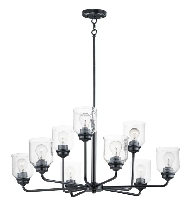 A modest frame of steel tubing gently bends to support a cluster of Clear Seedy bell-shaped glass. Similarly the bobeches and other metal accents echo that traditional bell shape creating an instant classic. An easy choice with transitional appeal, choose from a variety of complimentary finishes including matte Black, Heritage Brass or Satin Nickel.
