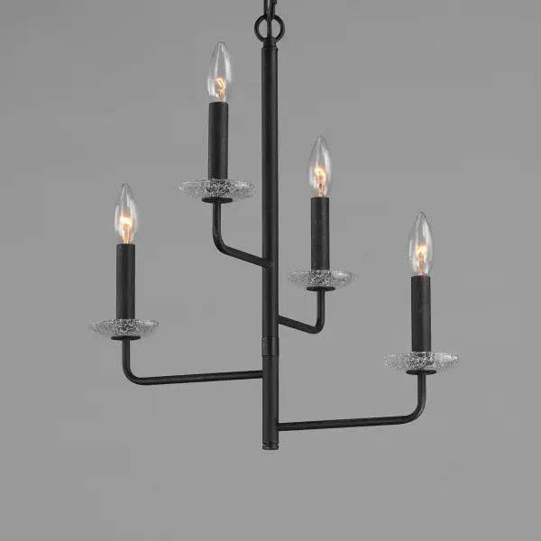 A modern interpretation of wrought iron chandeliers, the Madeira collection evokes the spirit of Spanish and Portugese coastal cities. Articulating arms finished in a textured Anthracite finish create a cascading candelabra concept with Clear Textured glass bobeches. Available in various sizes and configurations as well as a coordinating wall sconce to create the perfect ambiance for siesta. - alternate view