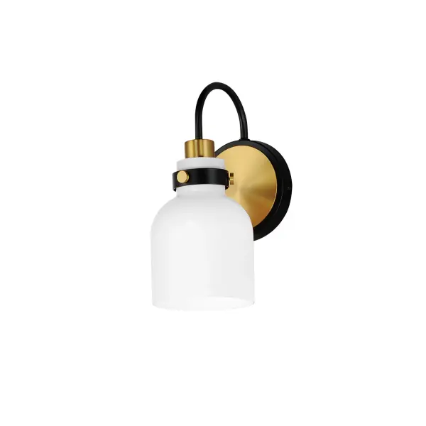 Celebrate nostalgia using these sconces that feature opal White glass shades in a bell shape. Supported on rings of metal in your choice of Polished Chrome or a bolder two-tone Black and Satin Brass, this refreshing take plays into a retro aesthetic of your bathroom decor. Available in various lengths of bath vanity lights or single sconces.