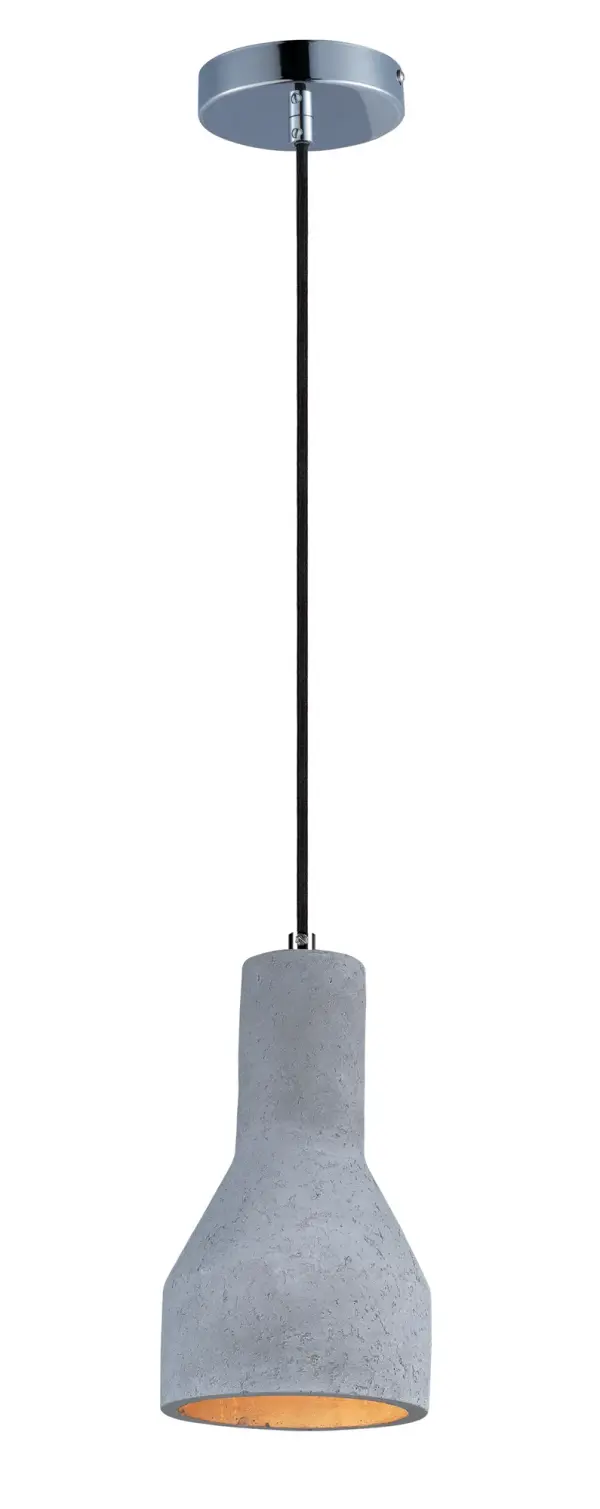 Pendants molded in natural Gray finish concrete cement provide a unique urban contemporary design element Metal Polished Chrome hardware contrasts beautifully with the black fabric covered wire. Powerful and efficient illumination is provided by included GU10, 3000K LED bulbs. Collection: Crete Finish: Polished Chrome Width: 6.00" Height: 10.75" Length: 6.00" Weight: 3.30 lb Bulbs Included Number of Bulbs: 1 Maximum Wattage: 7.00 W Bulb Type: MR16 Bulb Base: GU10 Light Source: LED Light Output: 450.00 lm Color Temperature: 3000 K CRI: 90 Voltage: 120.00 V Material: Concrete Safety Listing: cETLus Safety Rating: Dry Energy Efficient LED Spec Sheet Instructions Parts Diagram