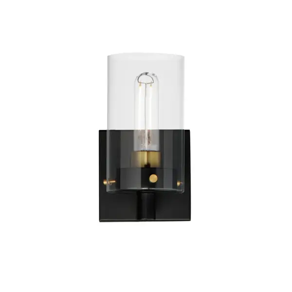 Simple clear glass cylinders are secured by decorative thumb screws in this transitional collection of sconces and pendants both neutral in design and suitable for damp applications. Choose from Satin Nickel or a two-tone Black and Satin Brass finish to pair with popular interior finishes in hardware, plumbing and decor.