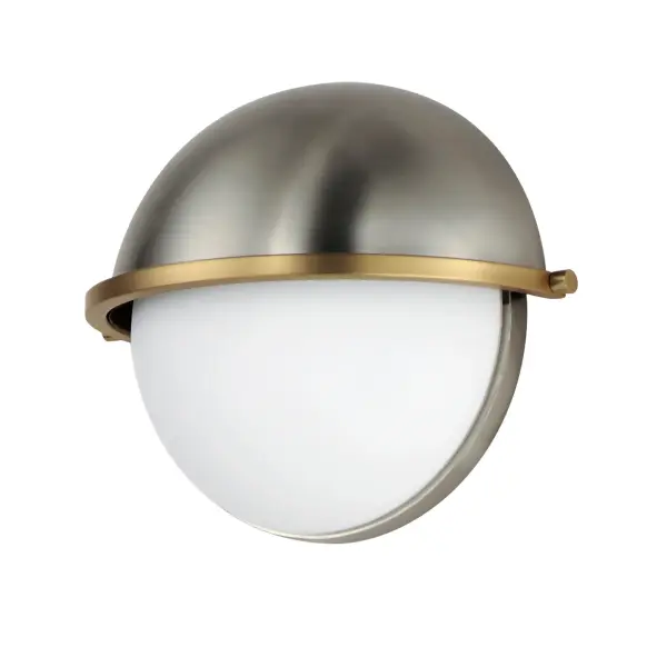 Tasteful globes constructed of metal and glass halves are combined and suspended by an arc-shaped yoke structure. The top dome of robust steel support lower halves of Satin White glass shades that twist lock on for convenience of installation and maintenance. Available in Matte Black with contrasting Weathered Brass or Satin Nickel with Satin Brass two tone finishes, the series includes a full range of products including flush mount, semi-flush mount, single and multi-pendant configurations, and spec-worthy sconces. This attractive design is sure to enhance your projects most needed spaces with an enduring appeal to the design that works in a variety of aesthetics.