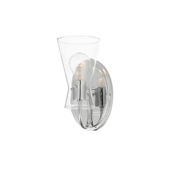 Suspended by three pin connections, the sharp silhouette of Ava's angular glass provides a designer look to enhance your bathroom design. Using Clear glass and a variety of complementary metal finishes the sconces are available in Black, Polished Chrome, or Natural Aged Brass allowing it to pair well with most interior color palettes. Collection: Ava Finish: Polished Chrome Glass: Clear Width: 5.00" Height: 9.50" Weight: 1.32 lb Extension from Wall: 6.50" Wire: 6" Canopy: 8"x5" Number of Bulbs: 1 Maximum Wattage: 60.00 W Bulb Type: E26 Bulb Base: E26 Medium Light Source: Incandescent Dimmable Voltage: 120.00 V Material: Steel,Glass Safety Listing: cULus Safety Rating: Damp Manufacturer Warranty: 3 Spec Sheet Instructions
