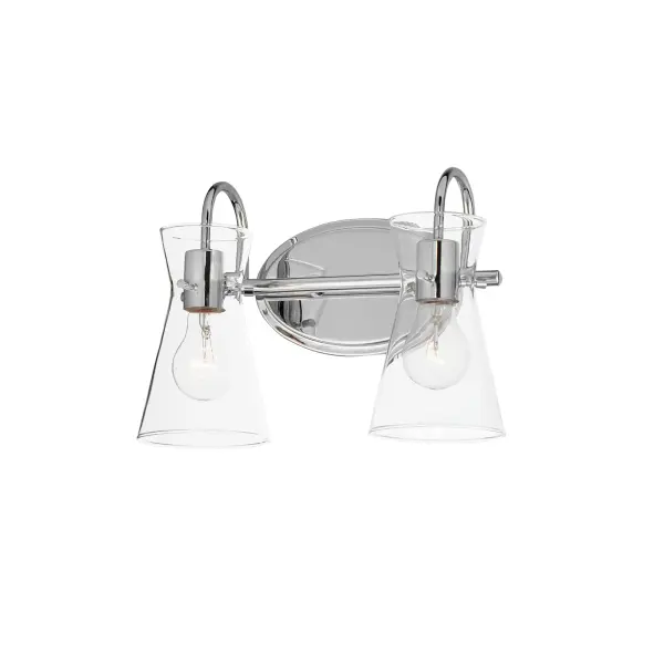 Suspended by three pin connections, the sharp silhouette of Ava's angular glass provides a designer look to enhance your bathroom design. Using Clear glass and a variety of complementary metal finishes the sconces are available in Black, Polished Chrome, or Natural Aged Brass allowing it to pair well with most interior color palettes. Collection: Ava Finish: Polished Chrome Glass: Clear Width: 13.50" Height: 9.50" Weight: 2.20 lb Extension from Wall: 7.00" Wire: 6" Canopy: 8"x5" Number of Bulbs: 2 Maximum Wattage: 60.00 W Bulb Type: E26 Bulb Base: E26 Medium Light Source: Incandescent Dimmable Voltage: 120.00 V Material: Steel,Glass Safety Listing: cULus Safety Rating: Damp Manufacturer Warranty: 3 Spec Sheet Instructions